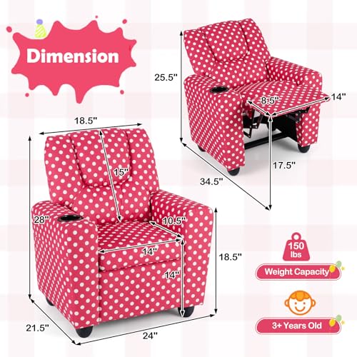 Image of Kids Recliner, Toddler Lounge Chair w /Cup Holder, Wide Armrest, Kids Sofa w /Adjustable Footrest, Comfy Toddler Recliner Chair for for Boys & Girls 3 + (Fabric, Red Polka Dots)