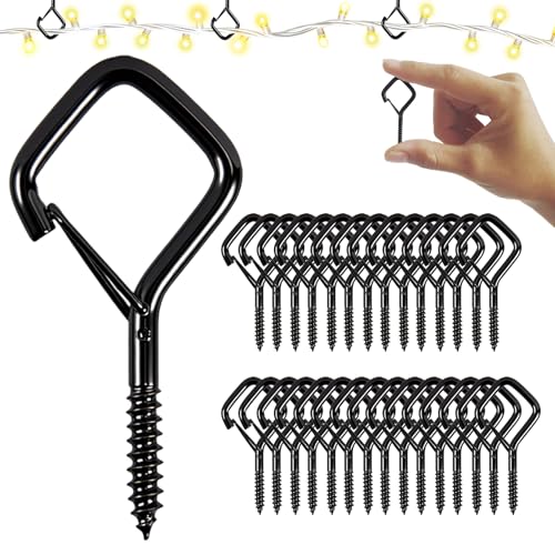 BJUTYEU Screw Hooks 1.65 Inch, Small Metal Ceiling Hooks for Outdoor String Lights, Wind Chimes, Lanterns, and Hanging Decorations Indoor and Outdoor (Black, 30 Pcs)