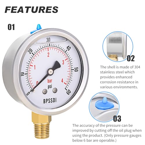 Image of 0-60 Psi Glycerin Liquid Filled Low Pressure Gauge, 2.5 inch Dial Size, 1 /4 inch NPT Lower Mount, 304 Stainless Steel Case, for Water Oil Air Pressure Test, Refrigeration Systems(Such as Evaporators)