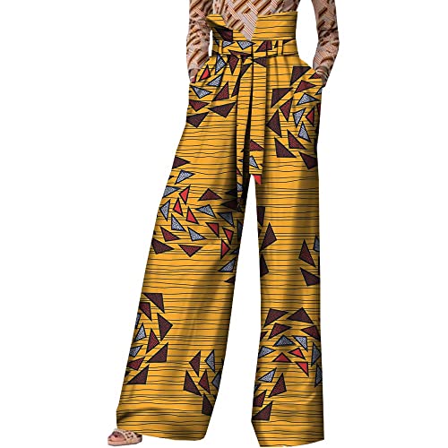 African Pants for Women Ankara Print Long Pants with Sashes High Waist Plus Size