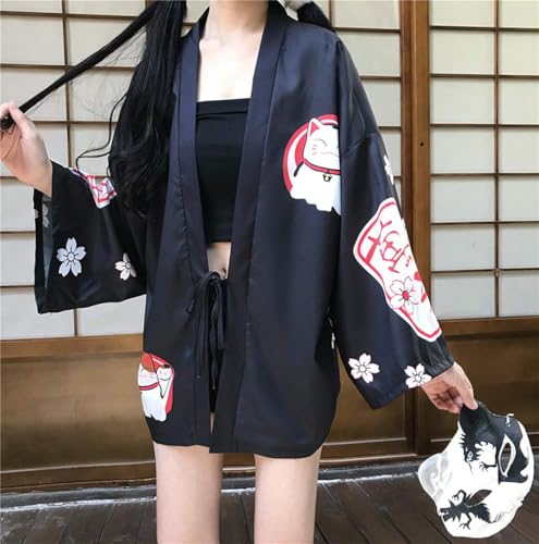 Image of LAI MENG FIVE CATS Women's Lucky Cat Cardigan Kimono Loose Cover up Casual Blouse Cute Tops