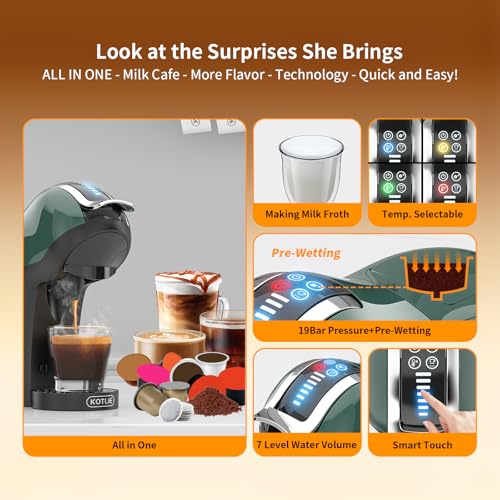 Image of KOTLIE Espresso 5in1 Single Serve Coffee Maker, 19Bar Cappuccino&Latte Maker, Cold&Hot Brewing Coffee Machine for K*cup /NES*presso Original /D*olce G*usto /Ground Coffee /44mm ESE(Dark Green)
