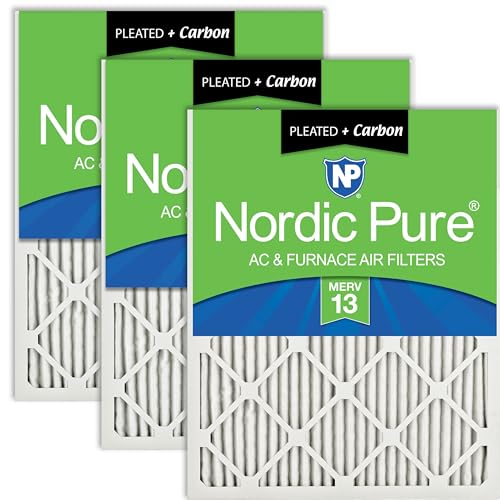 Image of Nordic Pure 20x20x1 Pleated Pleated MERV 13 Plus Carbon Air Filters 3 Pack | Actual Size: 19 1 /2 x 19 1 /2 x 3 /4 Made in USA, Advanced HVAC Furnace Filtration, Pet & Household Odor Control