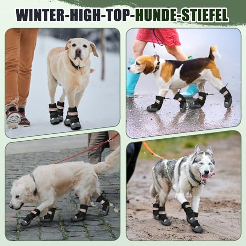 SlowTon Hundeschuhe - Wasserfeste Hundestiefel für den Winter, warme Hundeschneestiefel mit Rutschfester Gummisohle und reflektierenden Streifen für kleine bis große Hunde zum Gehen auf Schnee