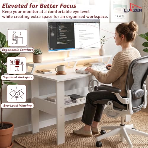Image of Lukzer Study Table with Monitor Riser & Open Book Shelf (MST-004 /White) Engineered Wood Computer Table for Laptop, PC & Home Office, DIY Office Desk with Storage Organizer Shelf (90 x 86 x 50 cm)