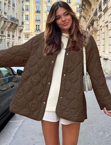 Flygo Women's Oversized Quilted Lightweight Jacket Button Down Puffer Padded Outerwear with Pocket