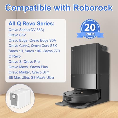 Image of 20 Packs Q Revo Dust Bags for Roborock QV 35A /Qrevo S5V /Saros 10 /10R /Qrevo /Q RevoS /Qrevo Pro /Plus /MaxV /Master /Curv S5X /Edge S5A /S8 MaxV /S8 Max Ultra Robot Vacuum Cleaner, 3.5L Large Capacity