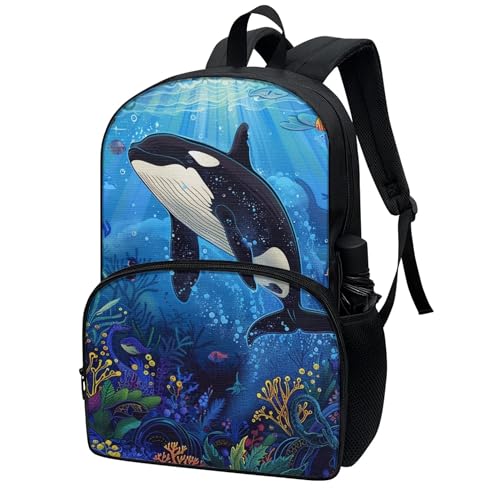 Boys 17 Inch Large School Bag Killer Whale Backpack for Kids Soft Lightweight Student Bookbag with Elastic Side Pocket Comfy Padded Back Zipper Daypack2