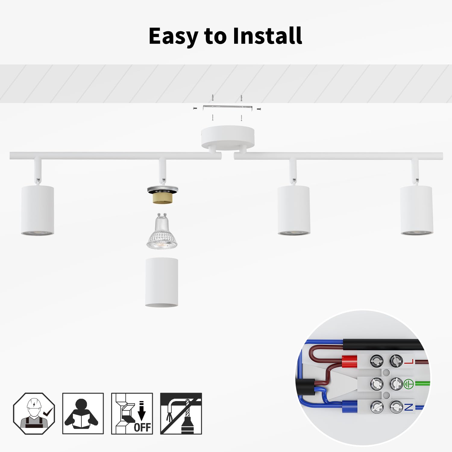 LVWIT Białe regulowane reflektory sufitowe LED, wewnętrzne reflektory punktowe LED, 4 aluminiowe żarówki GU10, prostokątne podstawy, nowoczesne przemysłowe reflektory sufitowe do baru, salonu, kuchni