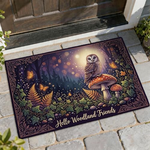 Paillasson de bienvenue motif chouette, champignon et papillon inspiré de la nature, violet foncé, antidérapant, décoration extérieure pour porte...