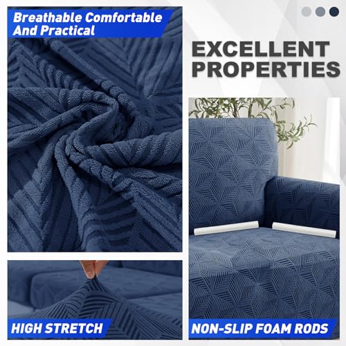 YEMYHOM 1 Piece Stretch Couch Covers for 3 Cushion Couch, Jacquard Sofa Cover with Non-Slip Elastic Bottom, Thickened Slipcover Furniture Protector for Dogs Pets (Large, Navy) - Image 4