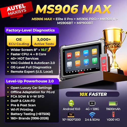 Autel MaxiSys MS906 MAX Scanner, 2026 MS906MAX Upgrade of MS906 PRO MS906BT MP900BT MS908S, OE-Level ECU Coding, 3000+ Bidirectional Active Tests, 40+ Resets, Full System Diagnostic, DOIP CANFD, FCA - Image 3
