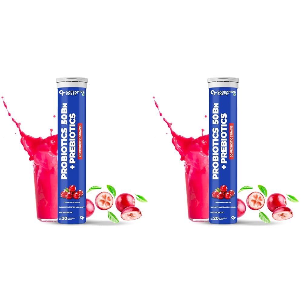 Carbamide Forte Probiotics Supplement 50 Billion CFU for Women & Men | Probiotics for Gut Health | Support Digestion & Immunity - 20 Effervescent Tablets | Gut Health Supplements (Pack of 2)