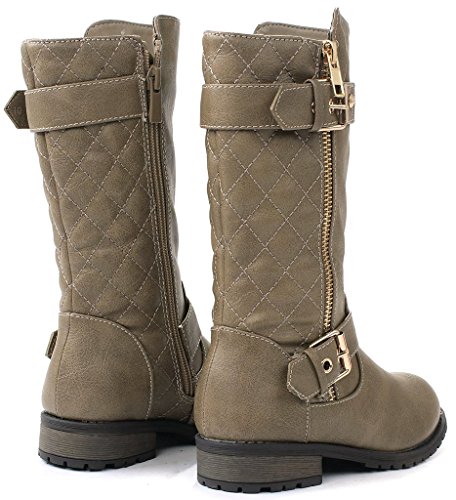 JJF Shoes Kids Girls Mango21 Taupe Dual Buckle/Zipper Quilted Mid Calf Motorcycle Boots-124
