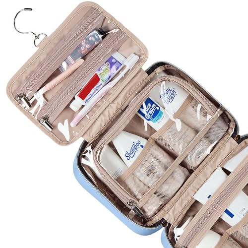 Image of NISHEL Travel Toiletry Bag for women, Portable Hanging Organizer for Travel-Sized Shampoo, Conditioner, Brushes Set, Makeup Accessories, Medium Size, Placid-Blue