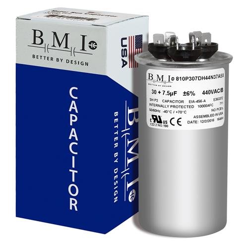 30 + 7.5 uF x 370 or 440 VAC Round - BMI USA Made Capacitor # 810P307DH44N37A5X Universal Replacement