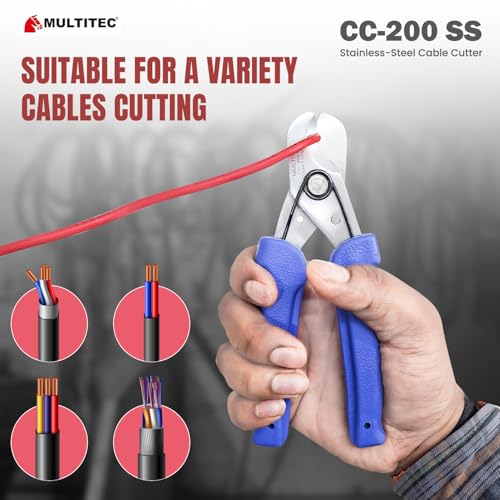 Image of MULTITEC CC-200-SS Wire Cutter & Stripper | Stainless Steel 2-in-1 Electrical Hand Tool for Home & Industrial Use | Manual Cable Stripping & Cutting Tool with Ergonomic Grip and Safety Lock
