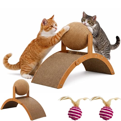 Cat Scratching Ball on Stand Solid Wood Slanted Cat Scratching Board Design 2-in-1 Interactive Cat Scratcher Toy with Arch Bridge and 360 Rotating Natural Sisal Ball for Indoor Cat Kittens (M)