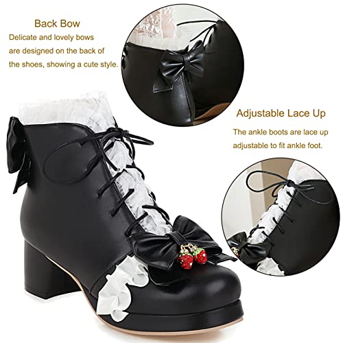 KysBloes Women Back Bow Ankle Boots Sweet Lace Up Chunky Heeled Booties Platform Cute Lace Winter Boots3