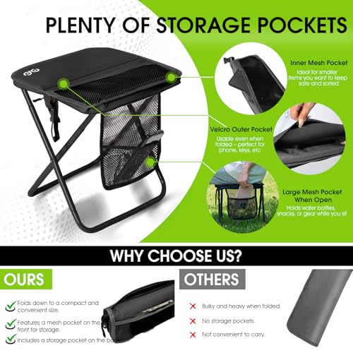 Image of CAMDOOR Portable Collapsible Stool, 16″Folding Stool with 3 Side Pockets and Shoulder Strap, Extra Large Camping Chair Supports 400 lbs, Ultralight Portable Seat for Outdoor, Hiking, Fishing