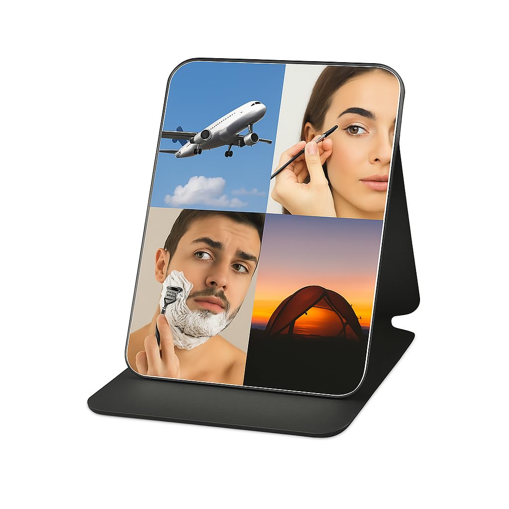 Portable Foldable Travel Mirror 20 × 15 cm Small Mirror with Stand for Makeup or Shaving Lightweight Mini Design Folding PU-Leather Cover Ideal for Desk Dressing Table or Suitcase (Black)