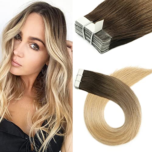 Tape In Hair Extensions Ombre Extensions 20pcs/50g Per Set #2T6T27 Dark Brown Fading to Chestnut Brown and Honey Blonde Double Sided Tape Skin Weft Remy Glue in Extensions Human Hair 20 Inch