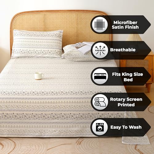 Image of Story@Home King Size Bedsheet | Air Cotton Flatsheet King Size with Two Pillow Covers| 240 TC | Super Soft Bed Sheet for King Size Bed | Floral Design (270 x 250 cm, White & Blue)