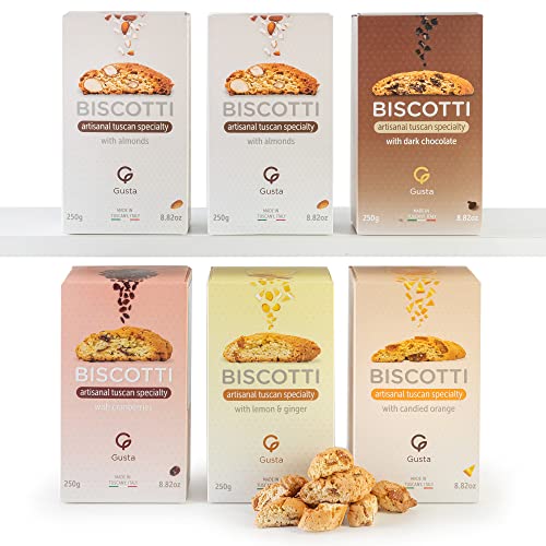 Gusta Authentic Biscotti Made in Tuscany, Italy - 6 Units Variety Value Pack - Original Two Bites Size - All Natural Ingredients - Fresh & Genuine Italian Dessert Treats - 3.3lb