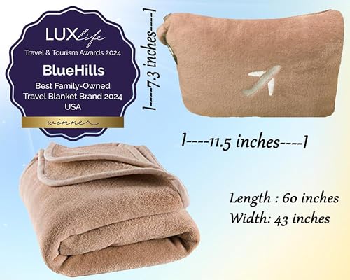 Image of BlueHills 2-Pack Mini Premium Soft Plush Travel Blanket Pillow Airplane Essentials for Two in bag Flight Traveling Warm Portable Plane Blankets Compact Cozy Traveler Backpack Blankets Warm Beige - M26
