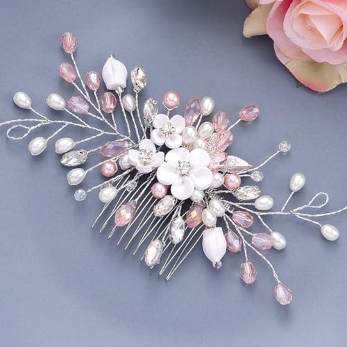 Vakkery - Peineta para el cabello con flores y perlas plateadas, accesorios para el cabello de novia, para mujeres y niñas