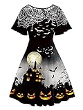 Women's Vintage Halloween Dress Spooky Short Sleeve Party Dresses with Black Lace Pumpkin Dress Black L