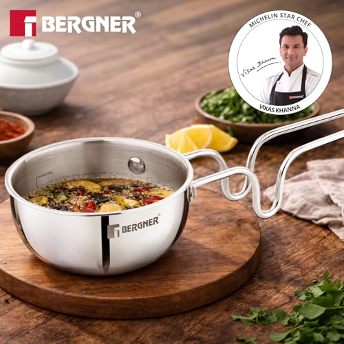 Image of BERGNER Argent Triply 12cm (500ml) Tadka Pan /Vagar /Vaghariya Pan for Spice Seasoning, Tempering, Ergonomic Stay Cool Touch Handle, Faster and Even Heat Distribution - Induction and Gas Stove Ready