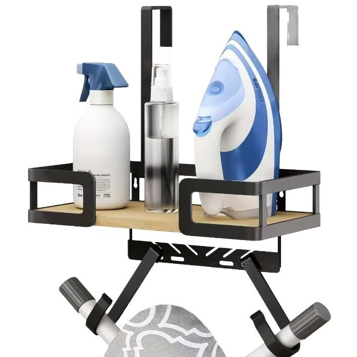 Soporte de pared para tabla de planchar con gran cesta de almacenamiento, soporte extraíble y ganchos sólidos, organizador de lavandería, compatible con mesas de T/Y, montaje fácil y G