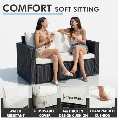 Image of OUTLIVING Outdoor 4 Seater Sofa Set | Balcony Sofa | Patio Furniture Sets | Conversation Sets | Wicker | Garden | Balcony | (Black-White)