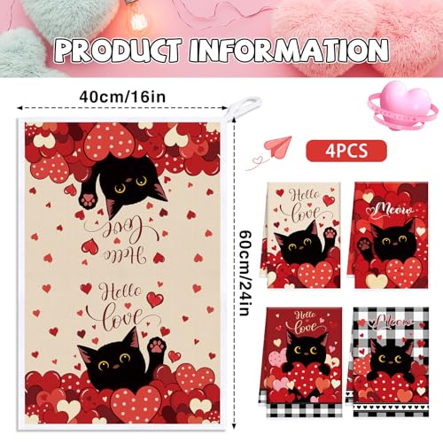 Image of Valentines Day Kitchen Towels, 4 PCS Black Cat Red Heart Dish Towels, Absorbent Hello Love Dish Cloth Hand Towel for Kitchen Anniversary Wedding Valentines Decoration Housewarming Gifts