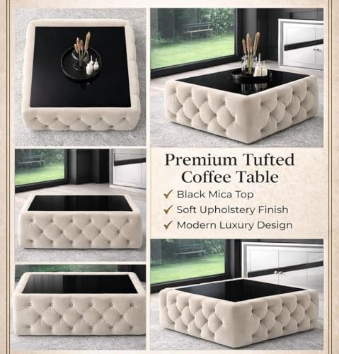 Image of Premium Tufted Upholstered Coffee Table with Black Mica Top - Modern Square Ottoman Center Table, Soft Velvet Finish, Luxury Living Room Furniture (30 x 30 x 18 Inch, Beige)