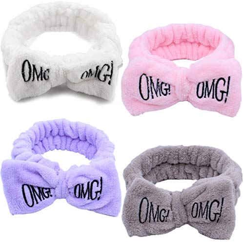 4 Pack OMG Letters Bow Hair Band Soft Flannel Cosmetic Headbands Turban Bowknot Bow Makeup Shower Elastic Hair Band Headwraps Hairlace Hair Accessories for Girls Women Washing Face Shower Spa Mask