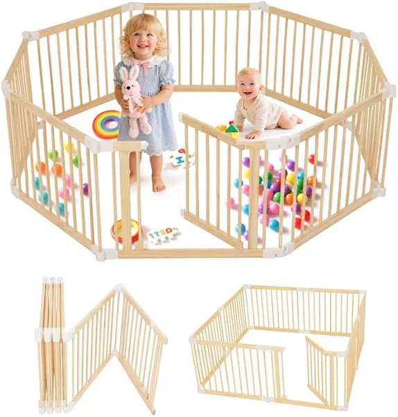 CONKKA Foldable Wooden Baby Playpen Large Play Yard for Babies and Toddlers, 2 in 1 Portable Fence Custom 25" Tall Wood Gate with Adjustable Size & Shape for Infants 3-12 Months -63x63x25 inch