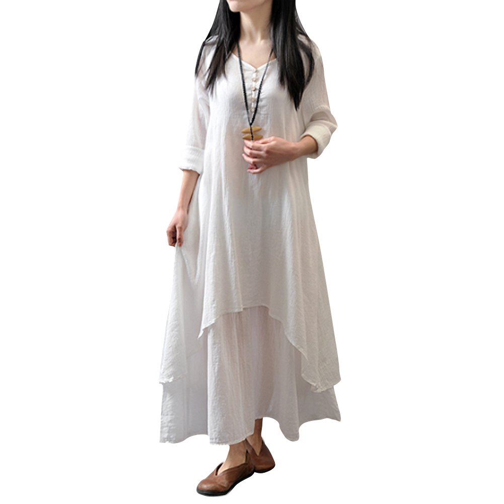 BROADROOTWomen Peasant Ethnic Cotton Loose Linen Long Maxi Dress White L