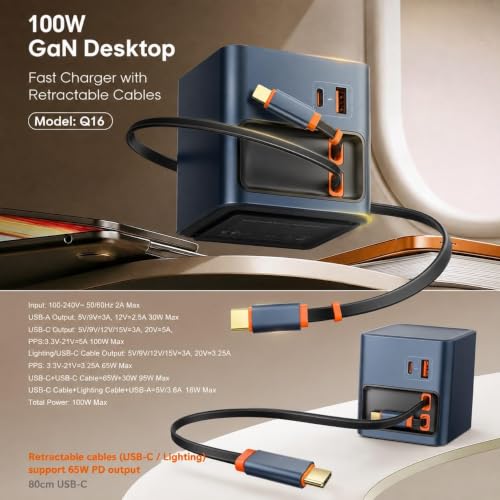 Image of 100W GaN 4-Port USB-C Desktop Charger with Dual Retractable Type-C & Ligh /tning Cables, PD Fast Charging Station for Mac /Book, 1Pad, 1Phone 17 /16, XPS, Galaxy S26 /S25, Pixel & Android Devices (Q16)
