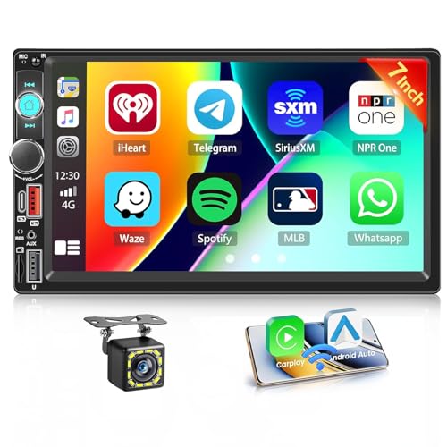 Hikity Radio Coche 2 DIN con Pantalla Táctil IPS de 7', Radio 2 DIN con Carplay Android Auto inalámbrico Reproducción de Video en Línea Salida de Video Radio FM BT SWC Cámara Trasera+Mic+Marco