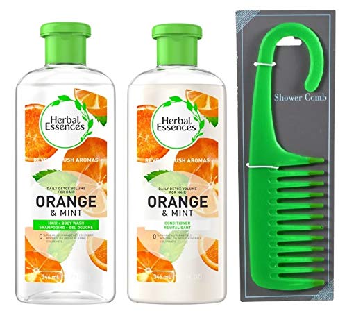 Herbal Essences Daily Detox Volume Orange and Mint Bundle Includes Shampoo, Conditioner and Shower Comb (3 Items)