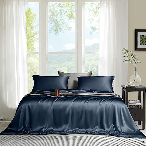 Image of Linenweves Bamboo Sheet Set 4 PC 100% Organic, Natural, Softest, 400 Thread Count Cooling Like Silk (Queen, Navy Blue)