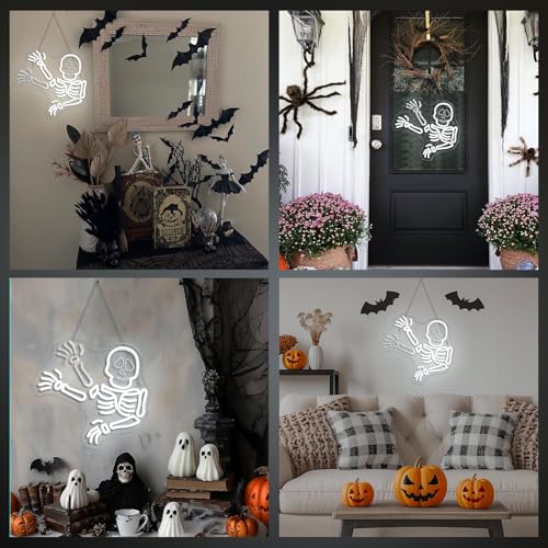 Image of JURONG Waving Skeleton Skull Neon Signs for Wall Decor, Halloween Ghost Neon Light Up Signs, USB Powered, Dimmable LED Sign for Halloween Party Bedroom, Man Game Room, Kid's Room, Bar, Club, Shops Decor