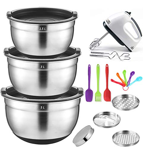 Tapusen Cuencos Bol Mezcladores, Acero Inoxidable Ensaladeras Set, 3 Ralladores Ajustables, Apilable, Fondos Antideslizantes, tamaños 2/3/5 L (12 PCS)