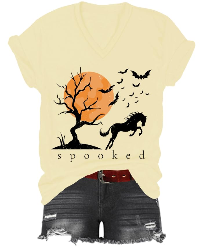 Spooked Horse T-Shirt, Halloween Horse Shirt, Classic Graphic Print Women Men V-Neck Tshirt