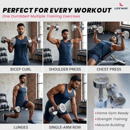 Image of Leeway Steel Dumbbell Set 50 Kg x 2 | Chrome Dumbbells for Home Gym | Rust-Resistant Non-Slip Grip | Strength Training Metal Dumbbell Set | Iron Dumbell | Round Dumble (50kg X 2 = 100kg Chrome)