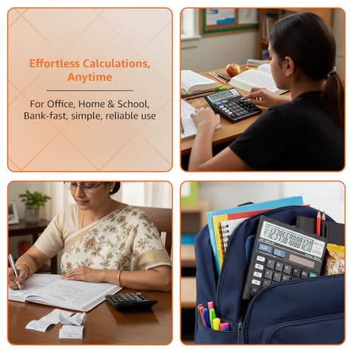 Image of Amazon Basics Electronic Calculator (AB-512A) | 12 Digit Large Display | Dual Power (Solar + AAA Battery) | 30 Angled Screen | Big Button Design | 13 x 13 cm | Black | for Office, School & Home