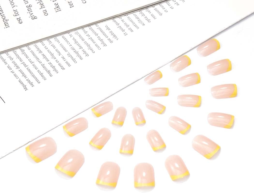 Vatocu Square False Nails Short Pink Yellow Press on Nails French Nude Fake Nails Glossy Acrylic Stick on Nails for Women and Girls (24pcs) - Image 3