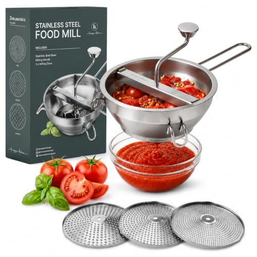 Stainless Steel Food Mill with 3 Discs – Ergonomic Rotary Ha...